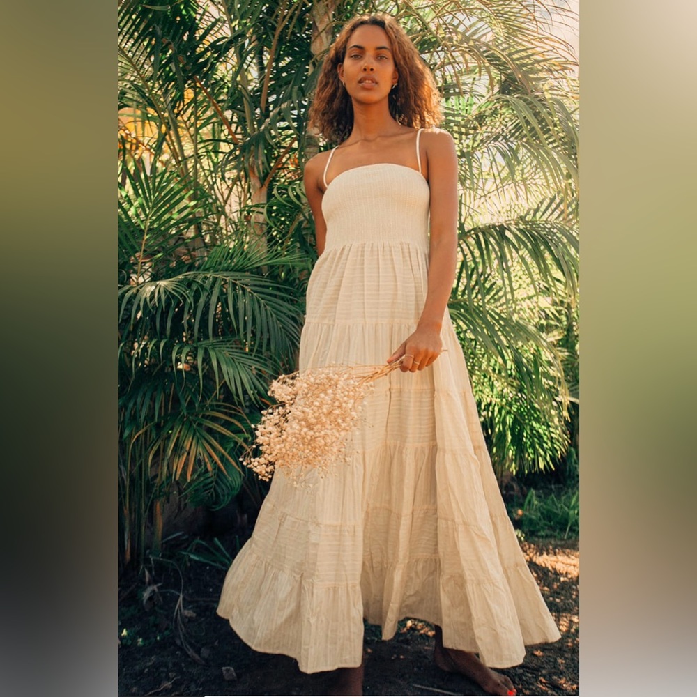 Lulus Sweet in the Sunshine Cream Striped Tiered Maxi Dress. Size M